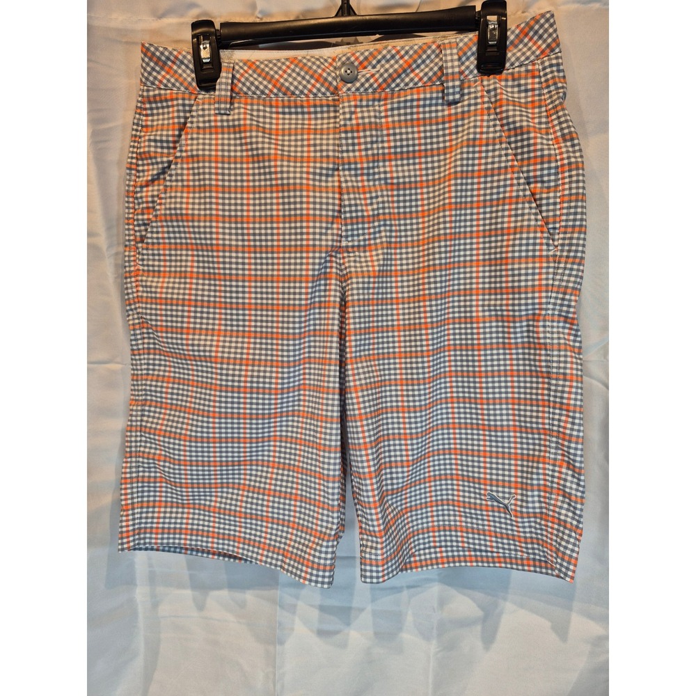 Puma Golf Shorts‎ Mens 30 Plaid Orange Blue Gingham Performance Stretch